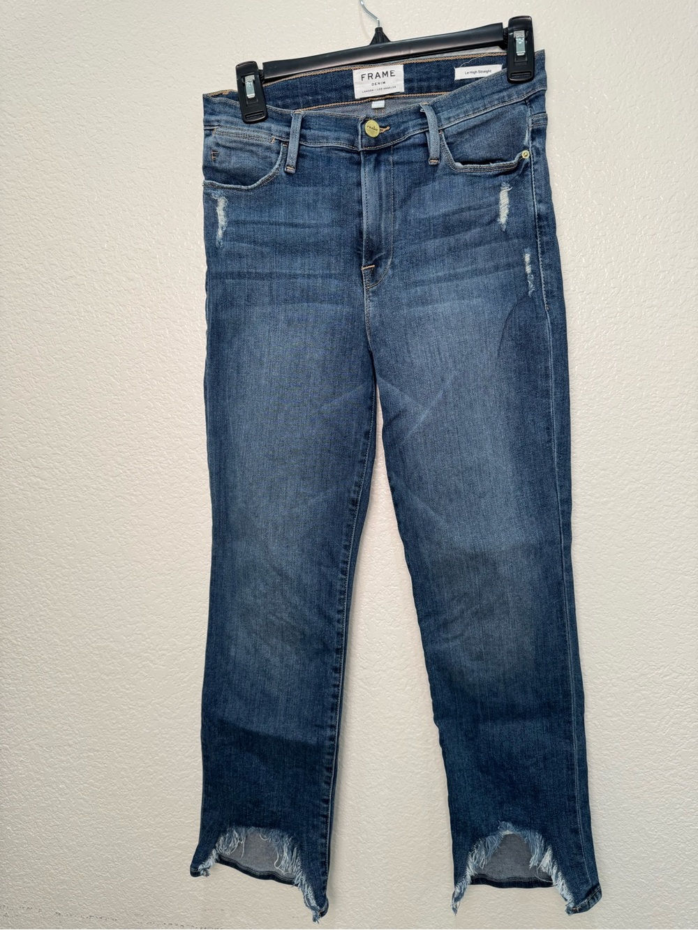 FRAME Le High Straight Laskey Rips Jeans 29 Distressed Raw Hem High Rise